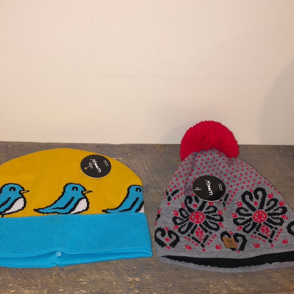 Woolk beanie and pop Pom wool blend winter hats. Blue birds and hearts